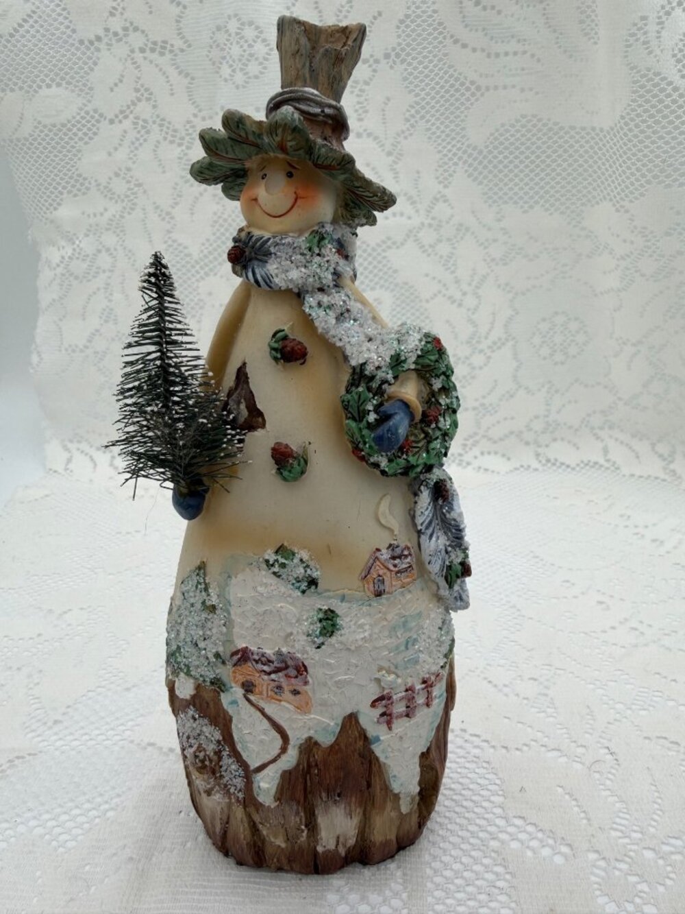 Snowman Figurine With Winter Village Scene 9.5" Resin Decorative Holiday Collect